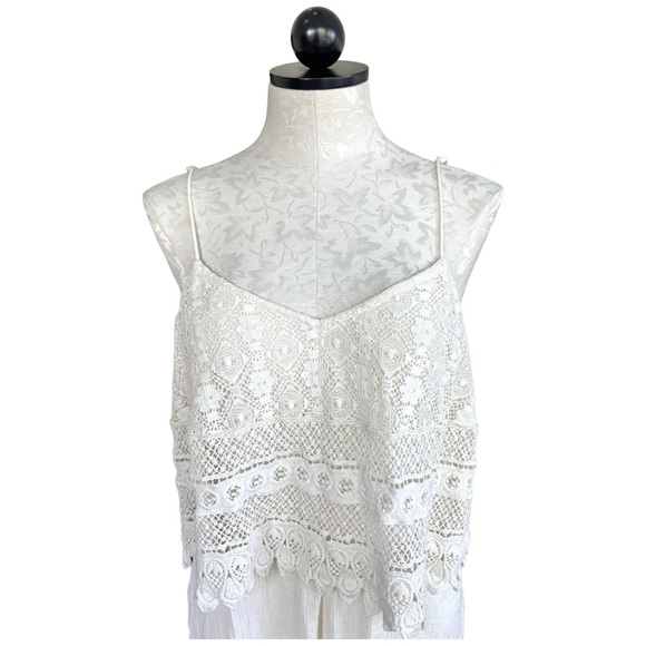TopShop Boho Crochet Overlay Romper Cream Crinkly Gauze Spaghetti Straps Size 12 - Picture 7 of 16